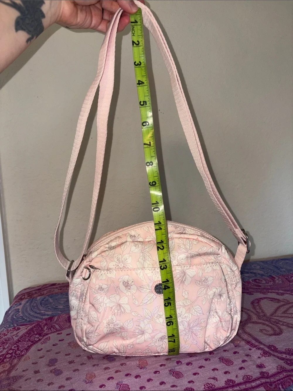 Kipling pink sakura print crossbody with out monkey charm